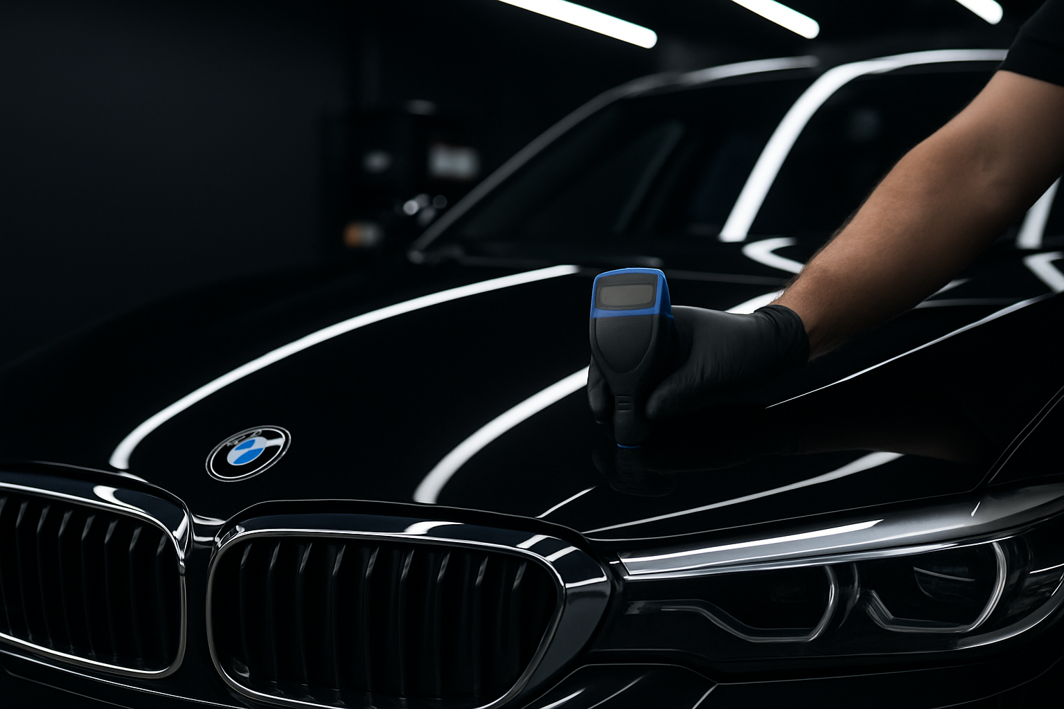 Gloved detailer holding a paint-depth gauge against the bonnet of a black BMW