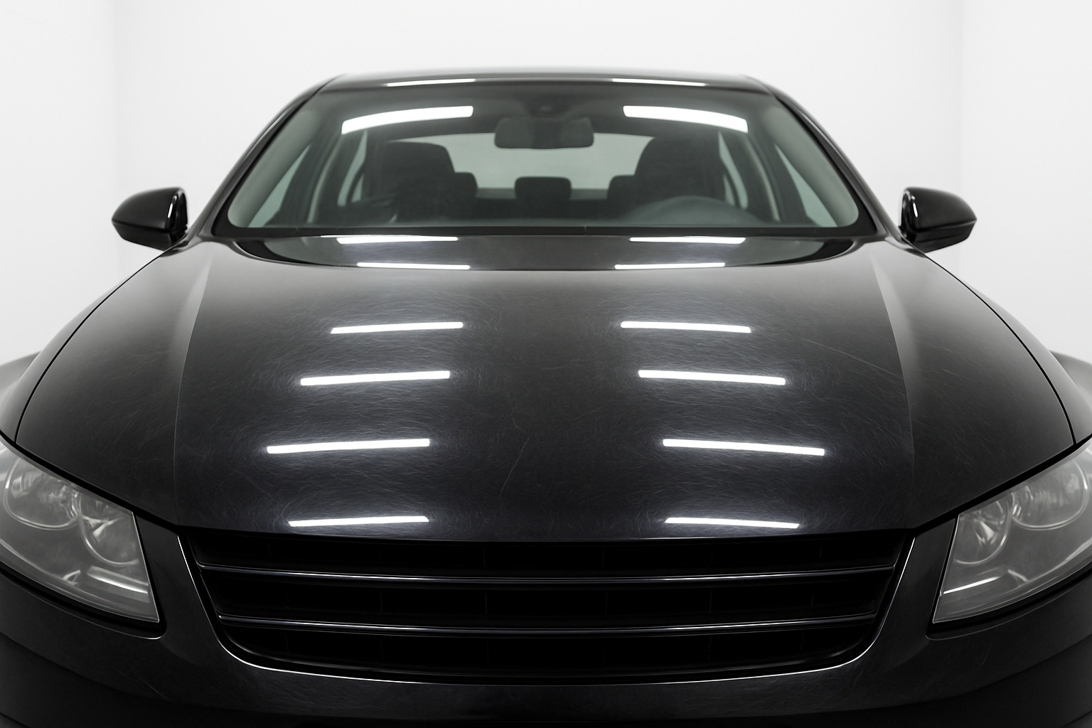 Before: Black car bonnet under bright overhead linear LED panels showing dense swirl