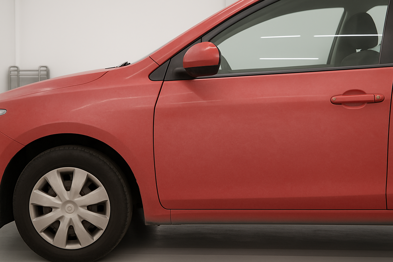 Before: Red car door panel in a white studio